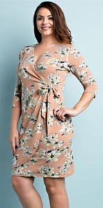 Couture Beige Floral Wrap Stretch 3/4 Sleeve V Neck Above Knee Dress 1X 2X 3X - Picture 1 of 17