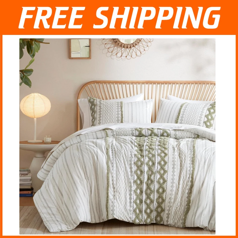 Lujoso Juego de Edredón King - Chenilla Verde Salvia Mechonada Boho Chic 3 Piezas Foto 1 de 4