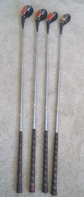 Set of 4 H&B Powerbilt 1,3,4&5 Persimmon Woods-ORIGINAL LEATHER GRIPS-SHAFTS etc - Image 1 of 4