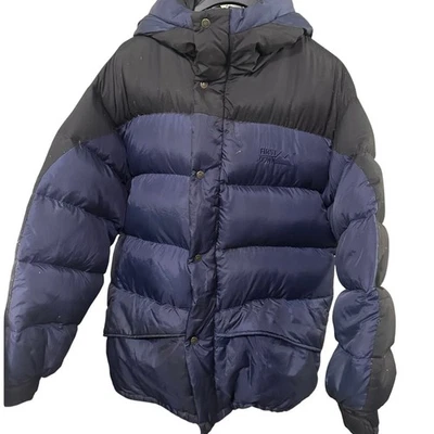 Abrigo First Down Puffer resistente vintage negro y azul para hombre LG Duck Down 3,5 lb Foto 1 de 4