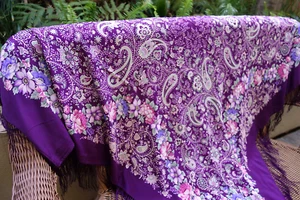 Pavlovo Posad Square Shawl Wrap Scarf 100% Pure Silk Large 130cm 51" Fringe - Picture 1 of 16