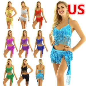 Para mujeres Brillante Lentejuelas Vientre Latino Borla Baile Vestido Halter Corto Top Conjunto - Imagen 1 de 78
