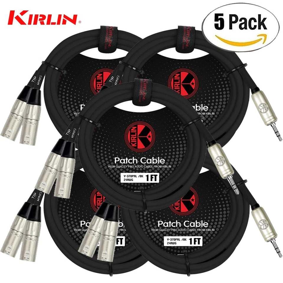 PACK de 5 cables Kirlin de 1 pie 3,5 mm TRS a doble XLR macho sin ruido Y-370 PRL-01/BK Foto 1 de 1
