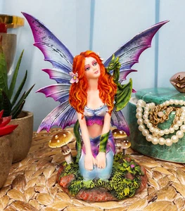 Fantasy Purple Butterfly Winged Red Hair Fairy with Green Pet Dragon Figurine - Picture 1 of 8