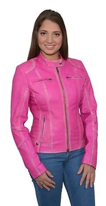 Ladies HOT PINK Sheepskin Leather Scuba Style Moto Jacket w/ Zipper Front - Picture 1 of 1
