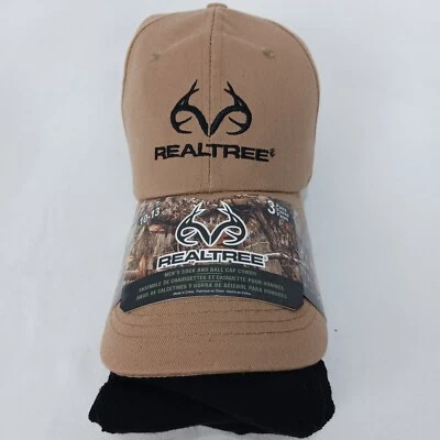 REALTREE MENS BALL CAP HAT & 3 PK CREW SOCKS SIZE 10-13 SET TAN BLACK NWT - Image 1 of 4