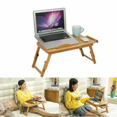 Bamboo Folding Laptop Desk Bed Table Adjustable Height Computer Stand W/ Drawer - Image 1 of 4