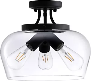 Semi Flush Mount Ceiling Light, 3-Bulb Black Ceiling Light Fixture with Clear... - Picture 1 of 5