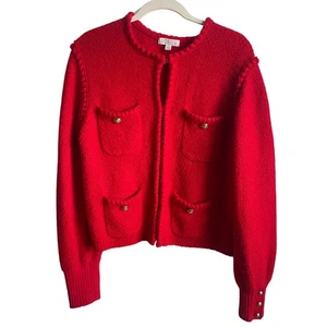 J.Crew Red Gold Button Cardigan Tweed Knit Unique Trim Medium Preppy Coquette - Picture 1 of 9