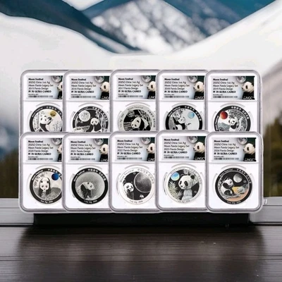 2015-2024 1 oz Silver Moon Festival Panda 10 monedas Legacy Proof Set PF70 UltraCam Foto 1 de 4