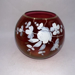 Vaso globo vetro mirtillo floreale iridescente vintage anni 40 dipinto a mano bordo oro - Foto 1 di 10