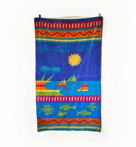 Vintage TerriSol Beach Towel Bright Large Tropical Ocean Boat Wave Scene - Picture 1 of 6