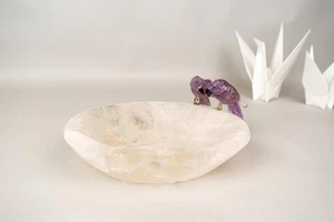Handgeschnitztes Paar Amethyst Kristall Papageien auf einer klaren Quarzschale - Bild 1 von 10
