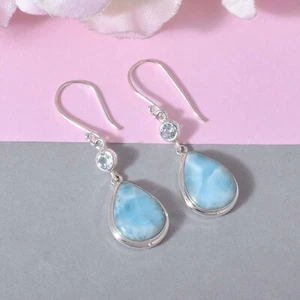 Pendientes colgantes Larimar de plata esterlina 925 topacio azul joyas de pie... - Imagen 1 de 5