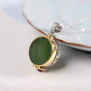 I03 ciondolo apribile giada verde argento 925 parzialmente placcato oro collana - Foto 1 di 3