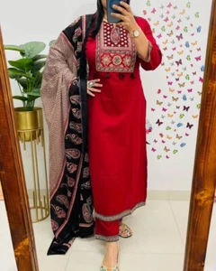 Pantalón Kurti recto de algodón pesado conjunto Dupatta vestido de boda indio conjunto Kurta - Imagen 1 de 8