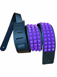 Purple Studded Guitar Strap 3 Row Pyramid Stud Genuine Tan Leather Handmade USA - Picture 1 of 8
