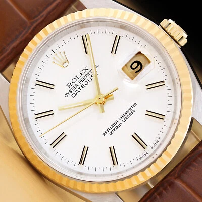RELOJ ROLEX DATEJUST 16233 PARA HOMBRE ESFERA BLANCA ORO 18K con CORREA DE CUERO MARRÓN Foto 1 de 4