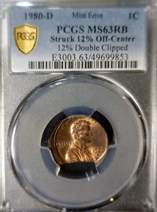 1980d ERROR PCGS MS63 Off Center + DOUB CLIPPED Lincoln Cent CH BU Coin O/C Clip - Picture 1 of 4