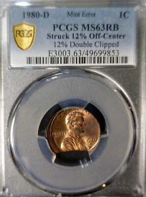 1980d ERROR PCGS MS63 Off Center + DOUB CLIPPED Lincoln Cent CH BU Coin O/C Clip - Image 1 of 4