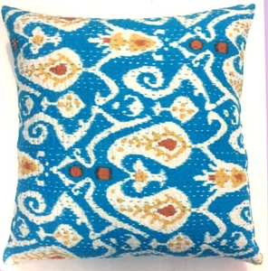 16" Turquoise Blue Ikat Kantha Embroidered Cushion Cover Sofa Couch Pillow Throw - Picture 1 of 4