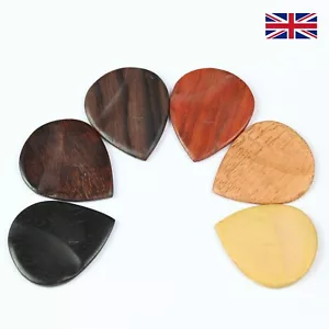 6 x WOOD GUITAR PLECTRUMS / PICKS MADE FROM 6 EXOTIC WOODS - Picture 1 of 9