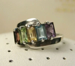 Wonderful Emerald Cut Blue Topaz Yellow Red Garnet Rainbow Gemstone Ring Size 6 - Picture 1 of 8