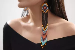 Tribal Earrings Native Large Boho American Seed Beads Handmade Earring - Picture 1 of 2