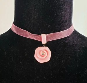 Choker necklace, clear ribbon with resin & crystal rose charm, pink,peach, green - Picture 1 of 7