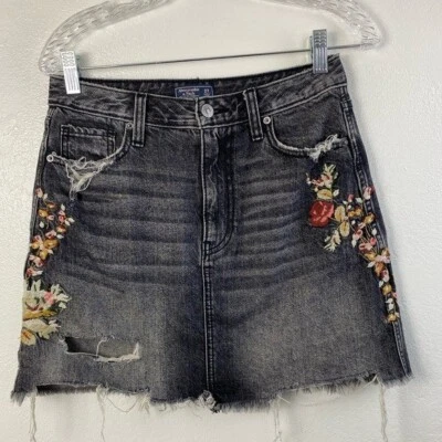 Falda Denim Floral Abercrombie & Fitch Mujer Talla 27 Bordada Boho Gris Negra Foto 1 de 4