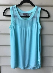 SUSSAN Sz 6 XXS Aqua Top Sheer Shoulder Panels Curved Split Hem Sleeveless EUC - Picture 1 of 11