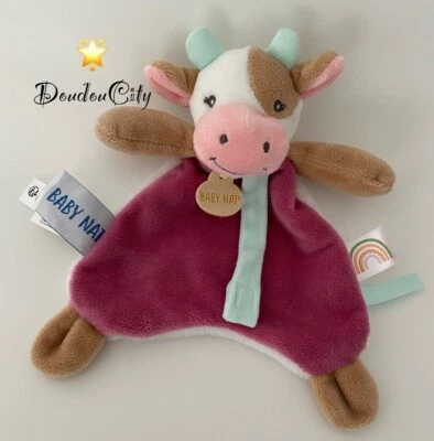 4284🌟Doudou Plat BABY NAT' Babynat Vache Blanc Rose Pistache Attache Tétine - Photo 1/2