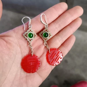 Sammlerstück Ohrringe Kupfer versilbert eiförmig rot Double Happiness Edelstein - Bild 1 von 6