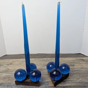 Vintage 2er Set Kobaltblau Plexiglas Kerzen Kugel Kerzen Dreieck Halter MCM - Bild 1 von 9