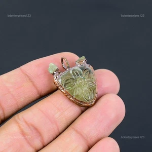 Friendship Day Sale Copper Trillion Natural Carved Peridot Electroformed Pendant - Picture 1 of 11