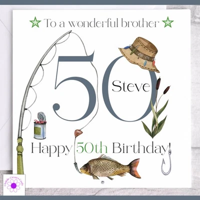 CHRISSIECREATESCARDS Personalised Fishing Themed Birthday Card, Son, Dad, Brother, Grandad, Uncle