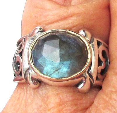 Anillo de colección de labradorita facetada de plata de ley trabajo abierto, talla 7 1/2 Foto 1 de 4