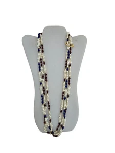 Vintage Tancer II Two Faux Pearl, Lapis and Ruby Bead Necklaces w/ Gold Clasp - Picture 1 of 8