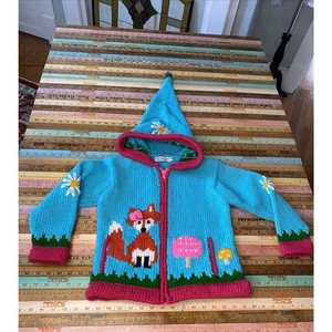 Little Cotton Dress Jacket Girls S 6 Zip 100% Wool Hand Knit Sweater Whimsy - Picture 1 of 13