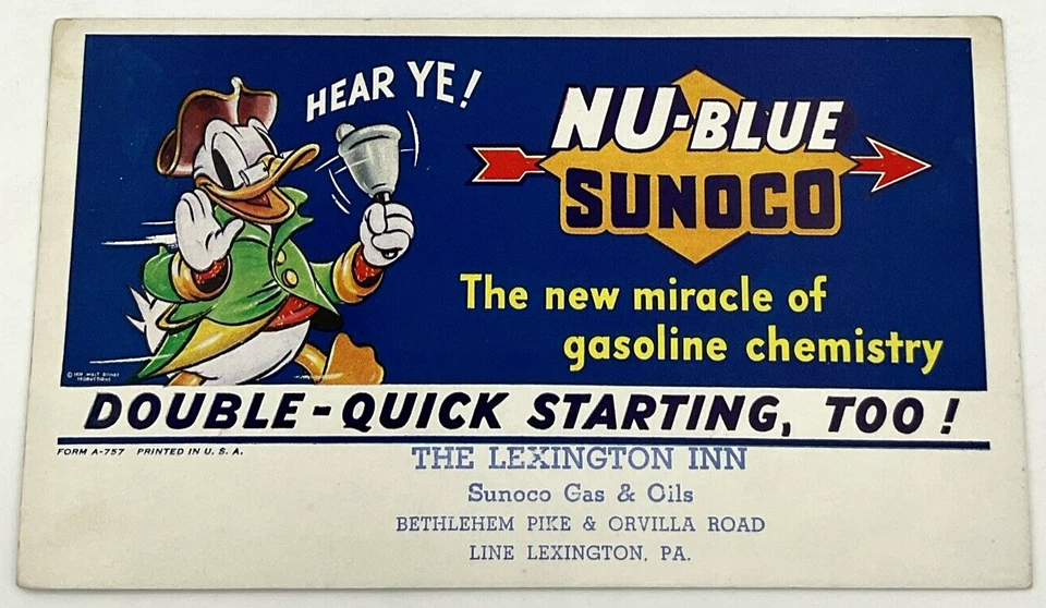 1939 Nu-Blue Sunoco Unused Blotter Donald Duck The Lexington Inn Philadelphia - Image 1 of 4