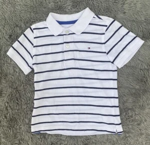 #45)Tommy Hilfiger Boys White & Dark Navy Blue Striped Polo Shirt 4 Yrs Preowned - Picture 1 of 1