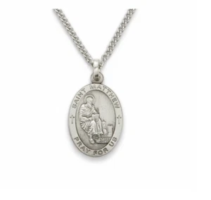 STERLING SILVER ST MATTHEW PATRON OF ACCOUNTANTS ENGRAVED MEDAL NECKLACE & CHAIN - Picture 1 of 1
