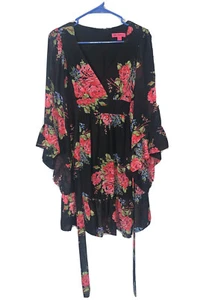 BETSEY JOHNSON Floral Dress Bell Sleeve Ruffle Black Pink Roses Women's 4 - Picture 1 of 14