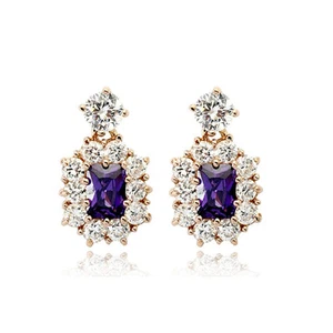 STUNNING 18K GOLD PLATED GENUINE PURPLE CZ & AUSTRIAN CRYSTAL DANGLE EARRINGS - Picture 1 of 1