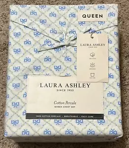Laura Ashley QUEEN Size Kate Bow Cotton Sheet Set - Cottage Farmhouse - Picture 1 of 5