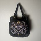 Isabella Fiore Handbag Purse Embroidered Florals In Purple On Black Leather