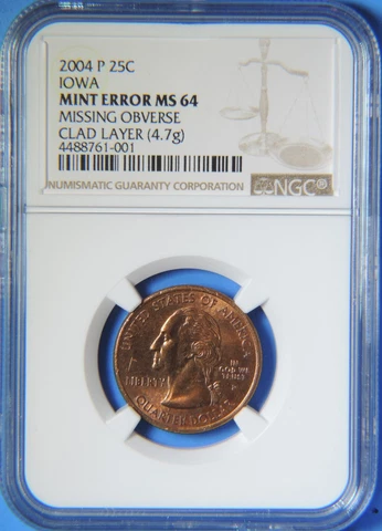 2004 P Iowa State Quarter Missing Obverse Clad Layer Mint Error NGC MS64 US coin Cover