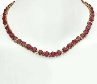 Collar Tenis 23 Ct Corte Redondo Simulado Rubí Rojo Acabado Oro Amarillo 14k Foto 1 de 4