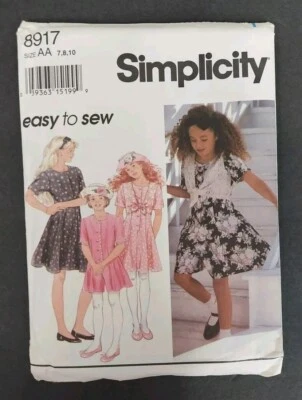 1994 Simplicity 8917 Pattern easy to sew Girls Dress Romper &Hat Sz 7-8-10 Uncut - Image 1 of 3