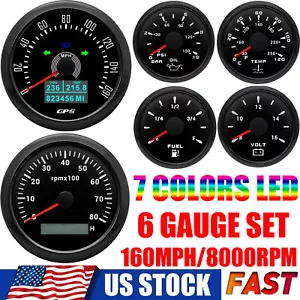 6 Gauge Set 85mm GPS Speedometer 160MPH Tacho 8000RPM&52mm Fuel/Oil/Temp/Volt US - Picture 1 of 20